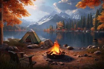 Deurstickers camping in the mountains with the fire © Алена Ваторина