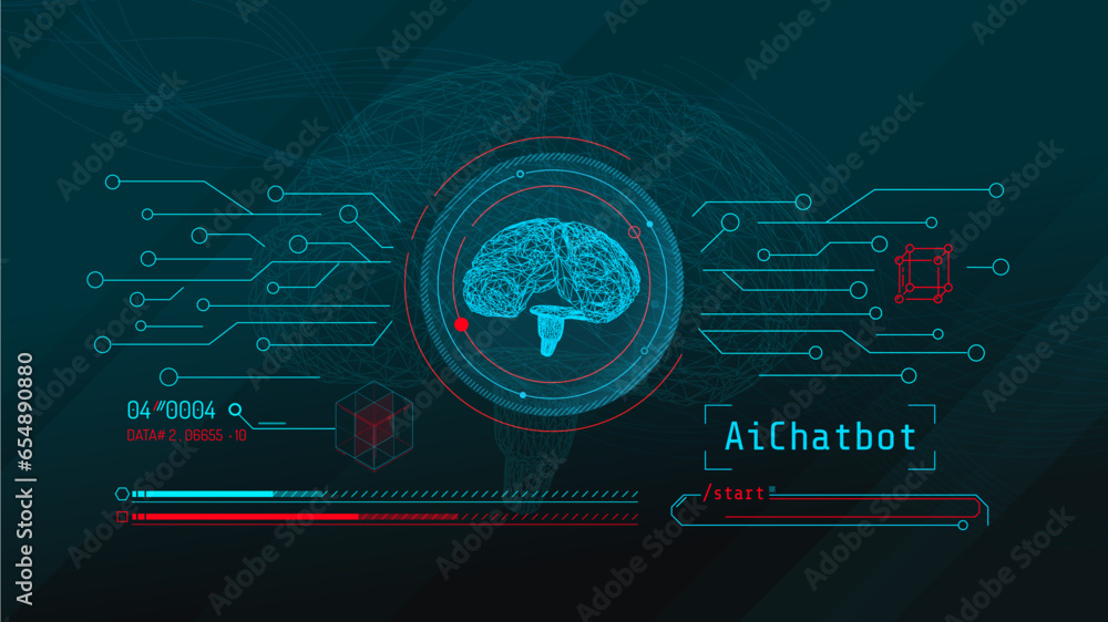 Poster hologram of digital brain with artificial intelligence, neural network concept.