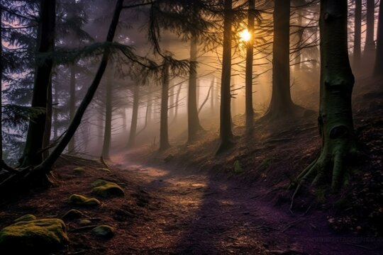 Enchanting foggy hill woods at dawn. Generative AI
