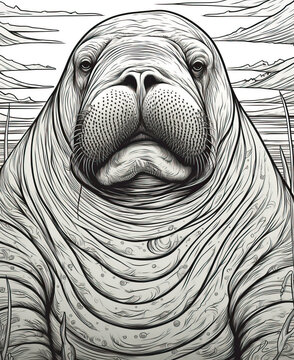 Black and white illustration for coloring animals, walrus.