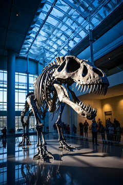 Photo fossil skeleton of dinosaur king tyrannosaurus rex in museum generative ai