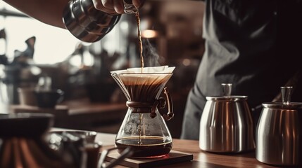 Photo of someone's hand pouring coffee from a cup into a glass - obrazy, fototapety, plakaty