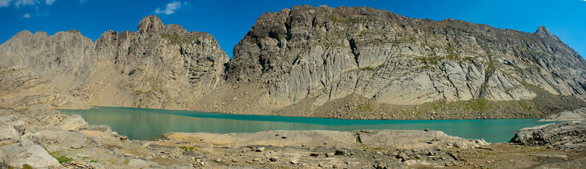 Panoramic view detail of the Marboré lake from the Marboré or Tuca Roya valley