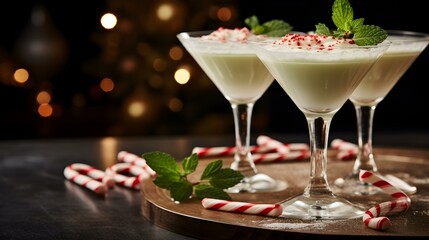 Close up of two White Russian Drinks in Cocktail Glasses topped with Peppermint. Festive Backdrop - obrazy, fototapety, plakaty
