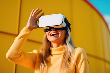 Young woman wearing VR augmented reality goggles in futuristic corridor of virtual art gallery exhibition, surreal world and virtual reality, Generative AI	