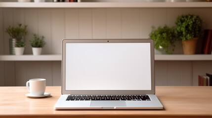 Fototapeta premium Modern laptop with blank white screen on the table 