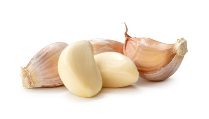 Fresh three garlic cloves in stack isolated on white background with clipping path