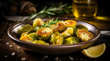 Close up of roasted Brussels Sprouts with Springs of Rosemary and Sea Salt. Blurred Restaurant Backdrop