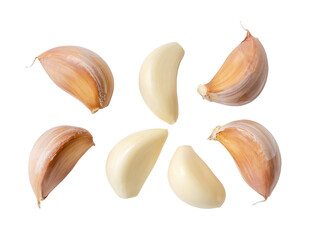 Top view of fresh garlic clove set in separation isolated on white background with clipping path in png file format. helpful garlic cloves collection