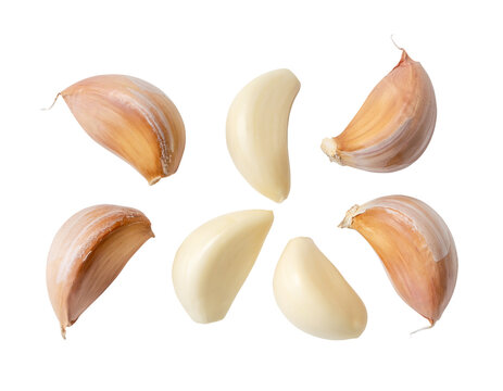 Top view of fresh garlic clove set in separation isolated on white background with clipping path in png file format. helpful garlic cloves collection