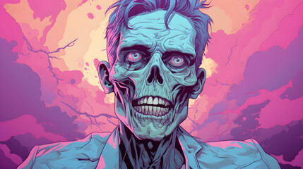 Glamorous zombie in pink and blue tones, with copy space cartoon