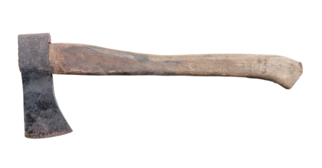 Old rust dirty dark gray axe with brown wooden handle isolated on white background with clipping path in png file format