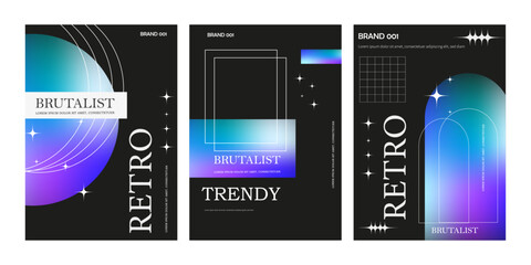 Trendy brutalism-style posters with geometric shapes frames, Techno poster templates in cyberpunk style, for streetwear