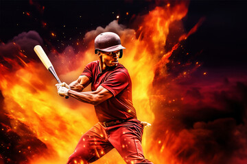 Photo of a man holding a baseball bat in front of a fire