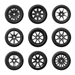 Car wheel icons set. Black wheel tires silhouette collection. Auto wheel disks.	