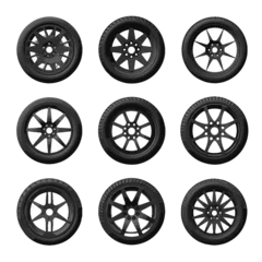 Fotobehang Car wheel icons set. Black wheel tires silhouette collection. Auto wheel disks.  © somuttes