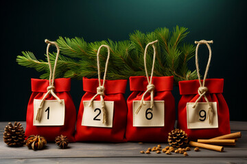 The original Advent calendar for Christmas made of small red cloth bags on a fir branch