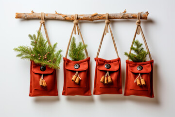The original Advent calendar for Christmas made of small red cloth bags on a white background