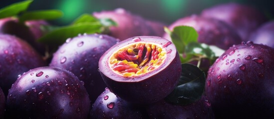 Freshly harvested purple passion fruits captured in close up on a farm with copyspace for text