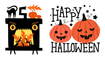 Vector illustration with black cat, pumpkins and crazy angry fireplace with fire and wood. Happy Halloween lettering poster. Funny autumn print design, october halloween party flyer decoration element
