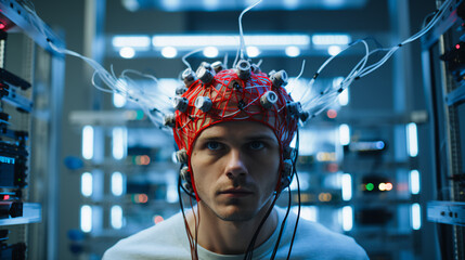 a man in an advanced neuroscience lab, wearing an EEG cap and exploring the brain's intricate patterns of activity to unlock mysteries of cognition and consciousness. 