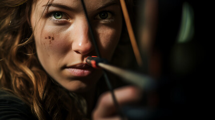 a woman practices her target shooting with a recurve bow, her focus unbroken as she aims with precision, combining patience and skill in the pursuit of archery excellence.  - obrazy, fototapety, plakaty