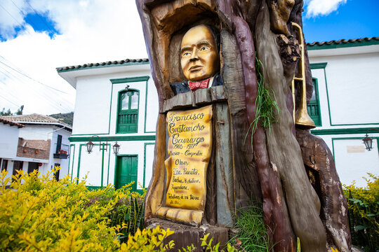 Iza, Boyaca, Colombia - August 9th 2023. Monument to the Colombian musician Francisco Cristancho Camargo carved on a tree at the beautiful small town of Iza