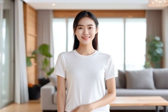 Blank white t-shirt, beautiful asian woman model wearing t-shirt at indoor house background