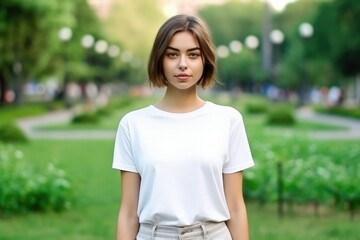Blank white t-shirt, beautiful woman model wearing t-shirt at garden