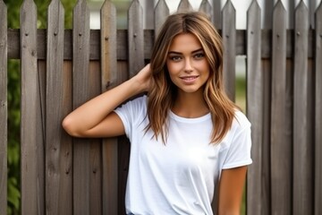 Blank white t-shirt, beautiful woman model wearing t-shirt at wooden fence background