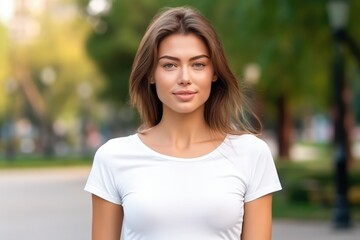 Blank white t-shirt, beautiful woman model wearing t-shirt