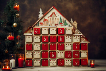 A beautiful and original advent calendar made of natural wood in the form of a house. Unusual decorations on the eve of Christmas