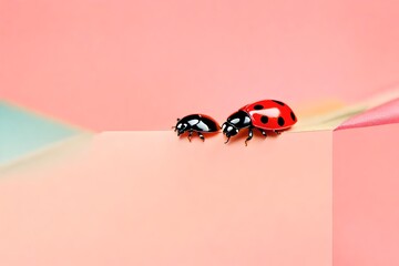 ladybug on a sheet of  paper of pink color - obrazy, fototapety, plakaty