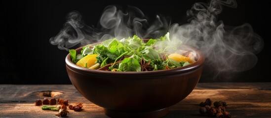 Hot soup in wooden bowl on dark background focusing on food concept with copyspace for text