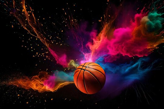 basketball shatter color on black background