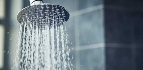 Close up of Water flowing from shower in the bathroom interior. Water spills from the shower