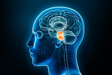 Xray lateral or profile view of the pons 3D rendering illustration with male body contours. Human brain anatomy, medical, biology, science, neuroscience, neurology concepts.