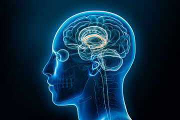 Fototapeta premium Xray lateral or profile view of the fornix 3D rendering illustration with male body contours. Human brain and limbic system anatomy, medical, biology, neuroscience, neurology concepts.