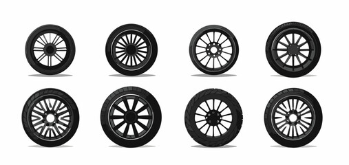 Car wheel icons set. Black wheel tires silhouette collection. Auto wheel disks, white background, vector © somuttes