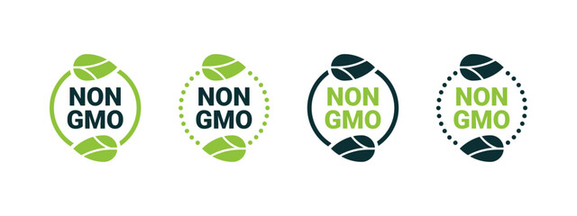 Non GMO labels set. Non GMO emblems. Natural and organic products. Vector scalable graphics - obrazy, fototapety, plakaty