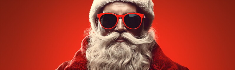 Close-up portrait of Santa Claus in red sunglasses on a red background.