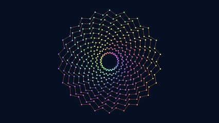 Vibrant colors and symmetrical lines form a captivating spiral pattern, with dots at the center. This visually dynamic image showcases the beauty of symmetry and vibrant hues
