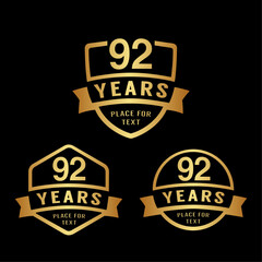 92 years anniversary celebration logotype. 92nd anniversary logo collection. Set of anniversary design template. Vector illustration.
