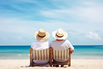 Relax senior couple on beach with blue sky, Retirment travel holiday healthy lifestyle Concept. Generative AI 