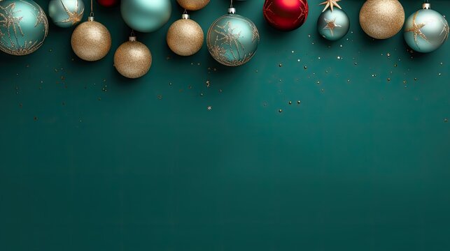 Christmas and New Year decorations with teal background, banner copy space. ai generative