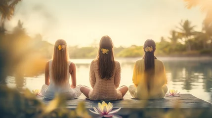 Poster Im Rahmen Girls making yoga in the lotus position. Tropical background   © ReisMedia