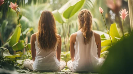 Tuinposter Girls making yoga in the lotus position. Tropical background   © ReisMedia