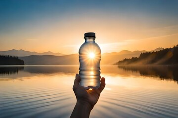 Human hand holds a water bottle against the setting sun - Powered by Adobe