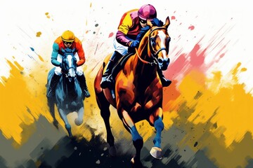 Abstract racing horse with jockey from splash of watercolors. Equestrian sport. Illustration of paints. Generative AI  - obrazy, fototapety, plakaty