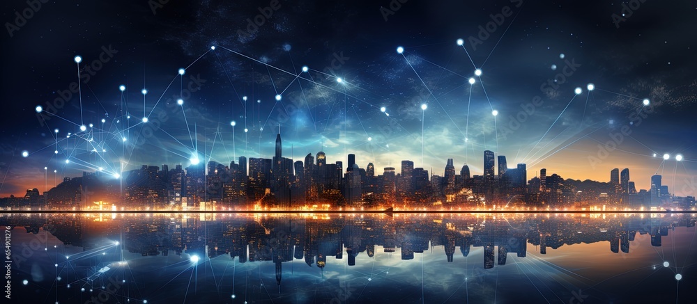 Poster the concept of connecting smart cities and abstract dot points with gradient lines involves big data